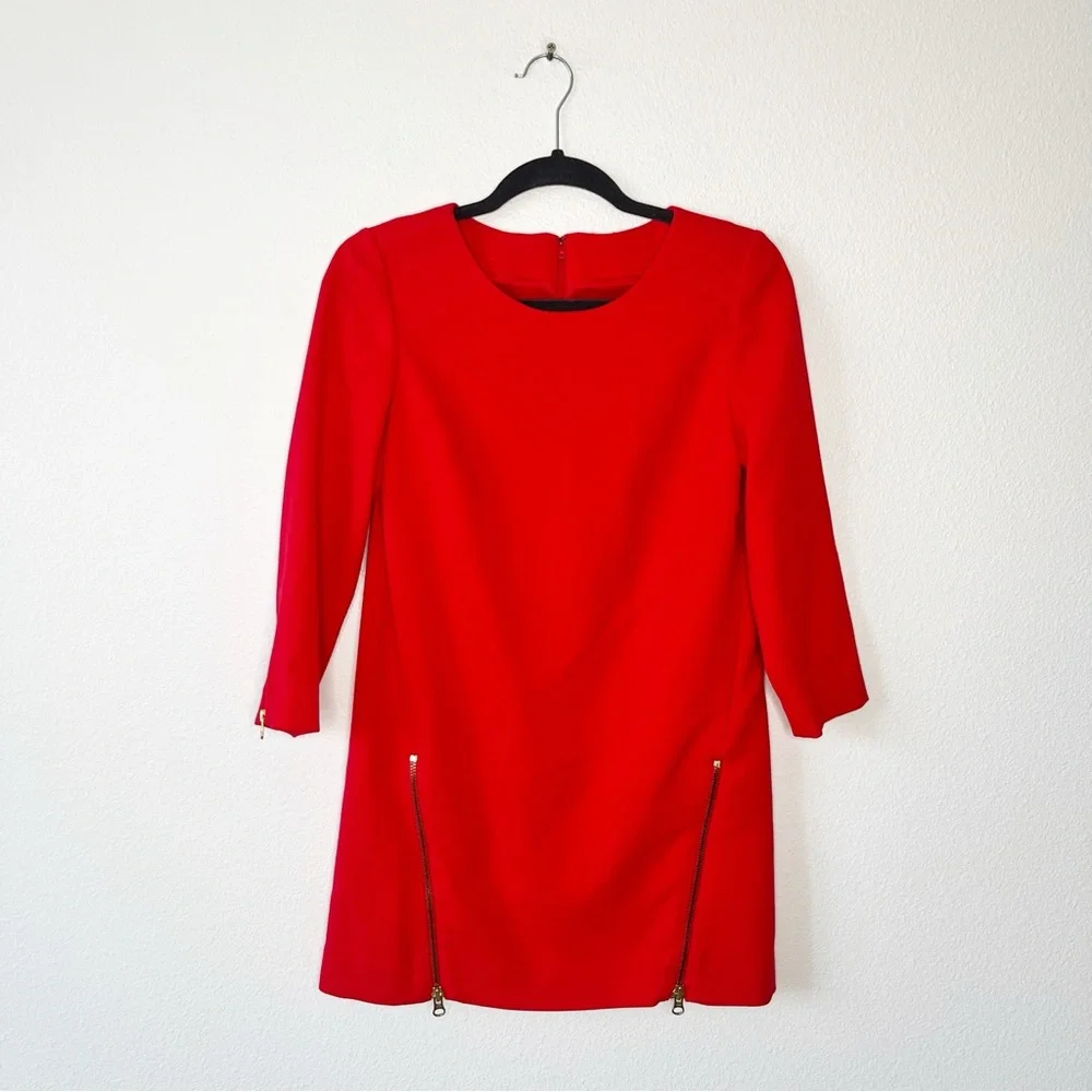 J. CREW Double Zip Shift Dress Red Gold Zipper 3/4 Sleeve Sheath Size 2P Chic